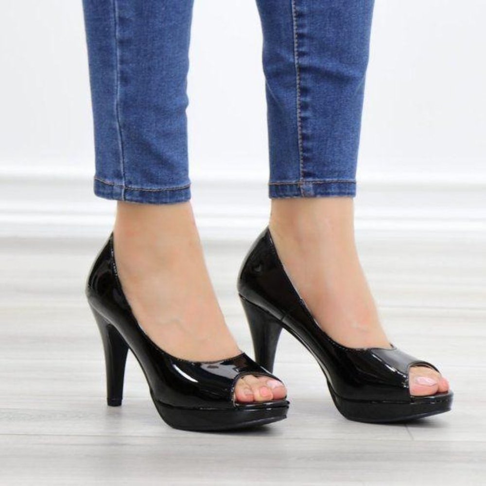 Black Patent Peep Toe High Heel Platform Pump - Picture 4 of 11